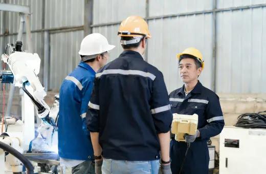 Team di ingegneri di saldatura certificati che esaminano i controlli in officina
